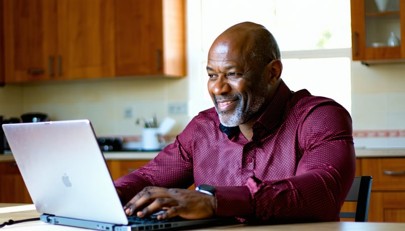 A 4055 year old African American male is taking classes at Morehouse College He is at his kitchen table with an open laptop studying The background should be warm The image MUST ensure there are only 5 fingers on hands-3