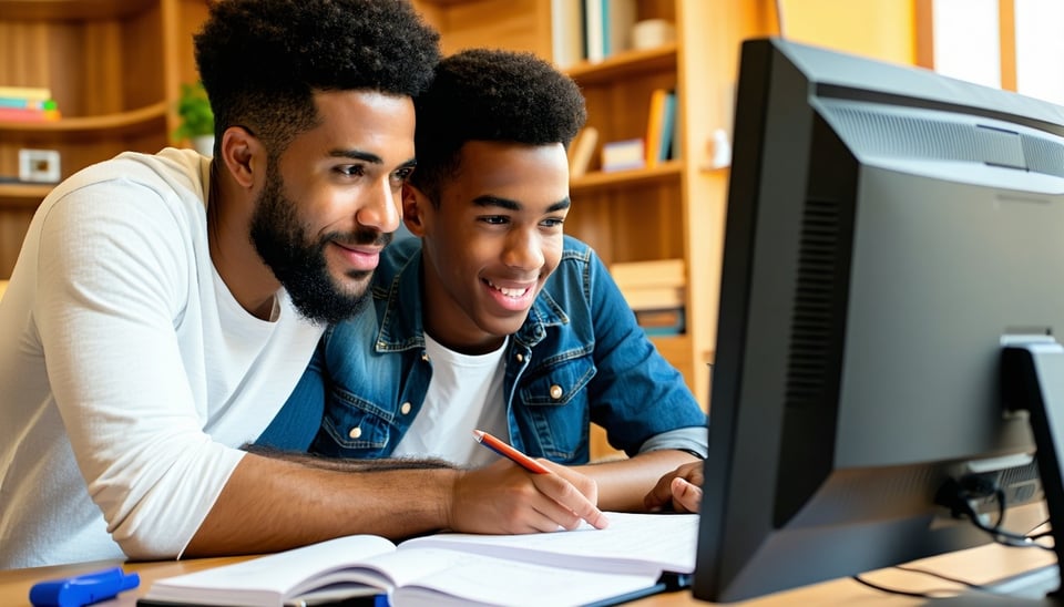 A heartfelt image that shows Black parents and teenaged son sitting together at a home study desk looking at a computer screen perhaps discussing college choices The setting is warm and supportive reflecting the collaborative effort in planning for c-1