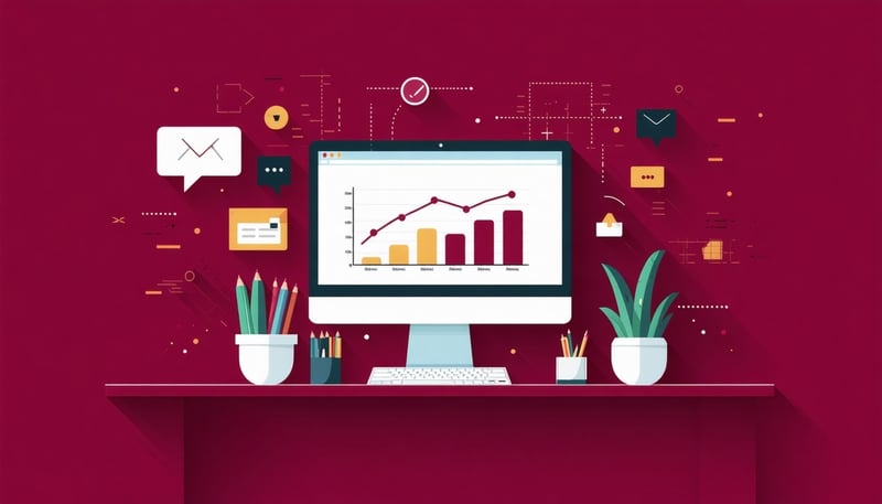 banner image that is conceptual it can include a computer screen with a chart on it the banner should not include any words make the color scheme maroon based-1