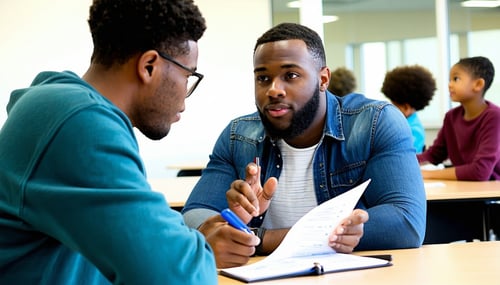 counselor discussing financial aid with young black male student without a beard and his parents