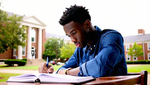 A student sitting at a desk, deeply focused on wri
