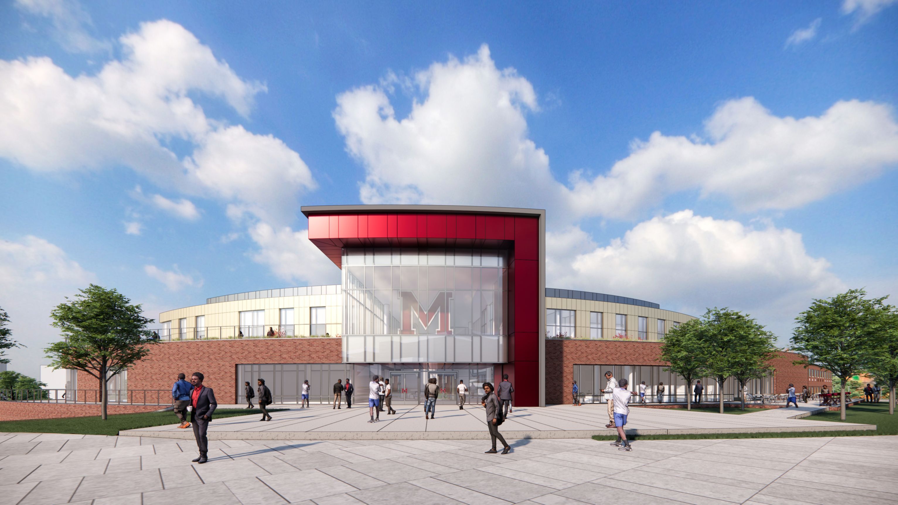 Rendering of the new Morehouse campus center with its glass entry atrium and maroon M mark