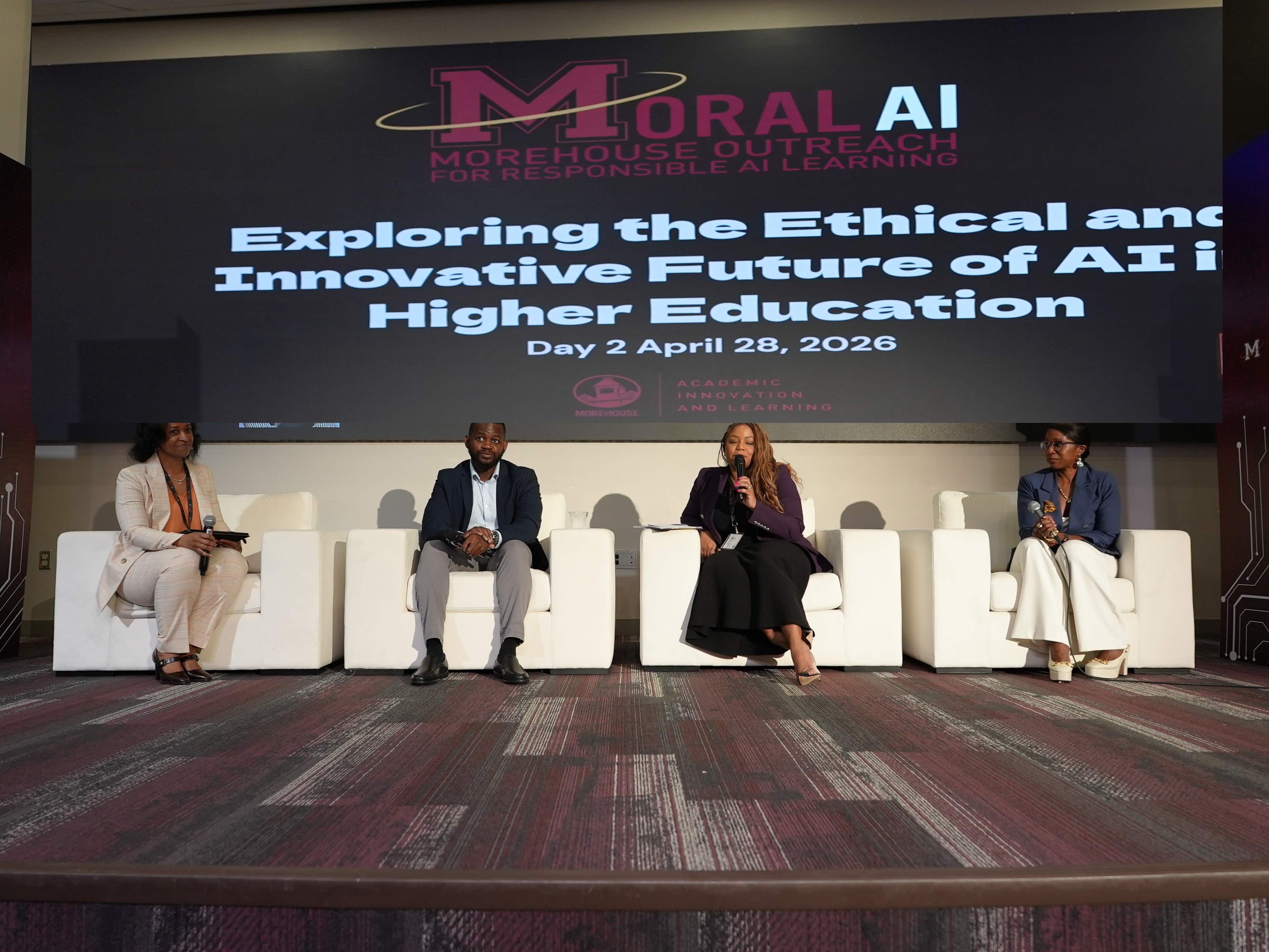 Panelists from Google, Salesforce and Morehouse seated on stage at the M.O.R.A.L. AI Conference