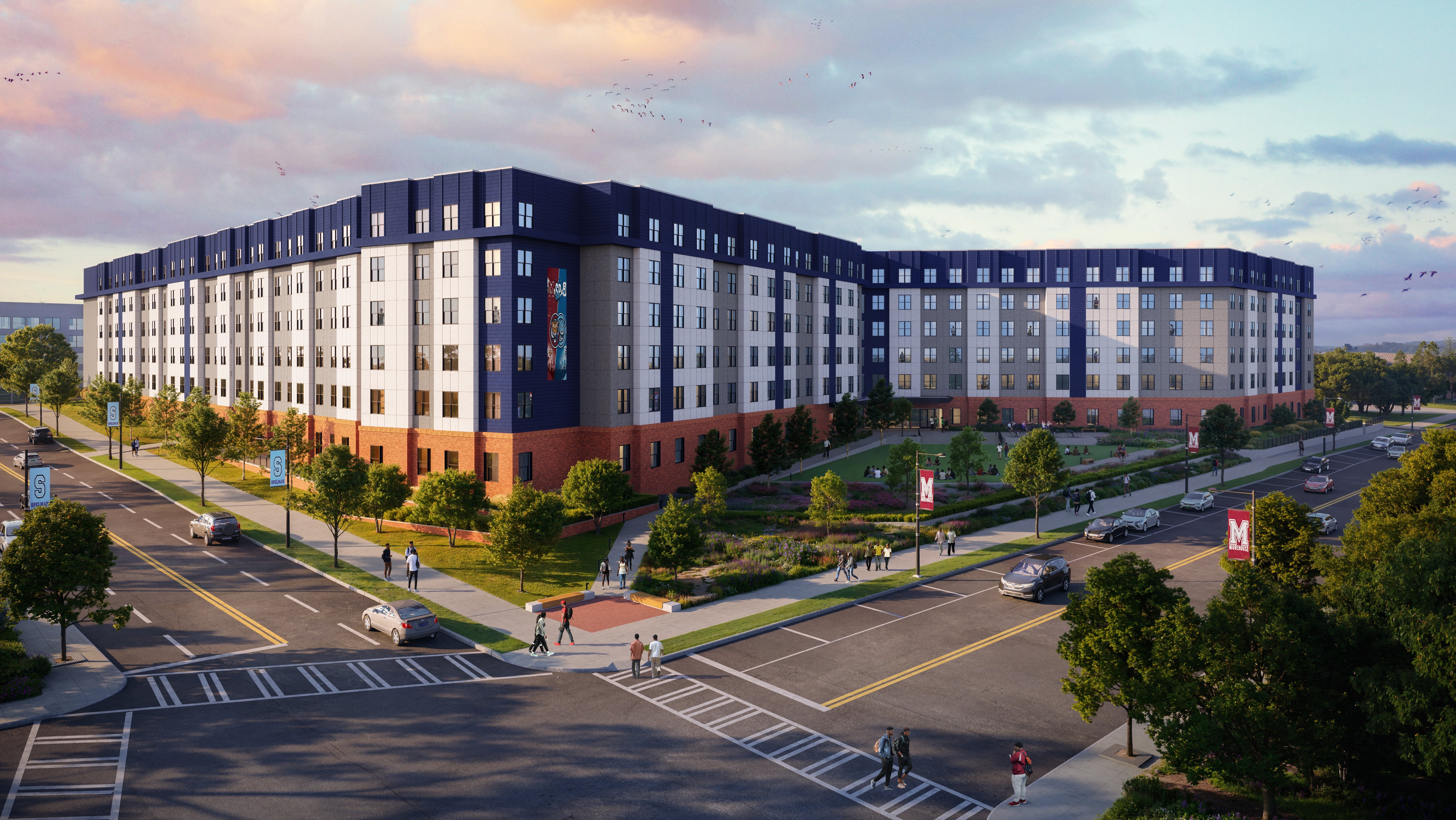 Rendering of the Morehouse-Spelman joint housing development at dusk with students walking along the street